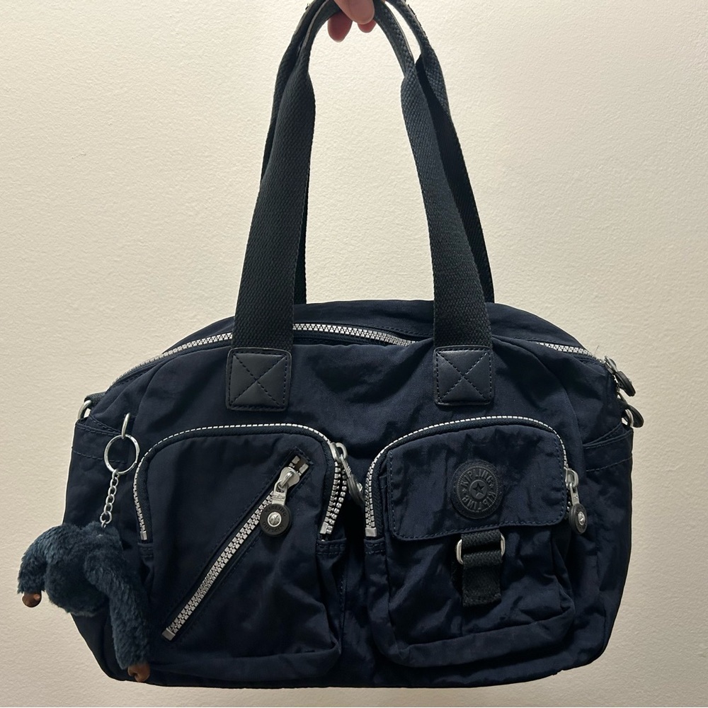 Kipling Navy Canvas Bag with Gorilla Keychain and Adjustable Crossbody Strap